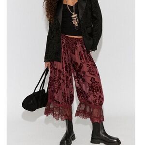 Free People Burgundy Floral Lace Wide Leg Pants